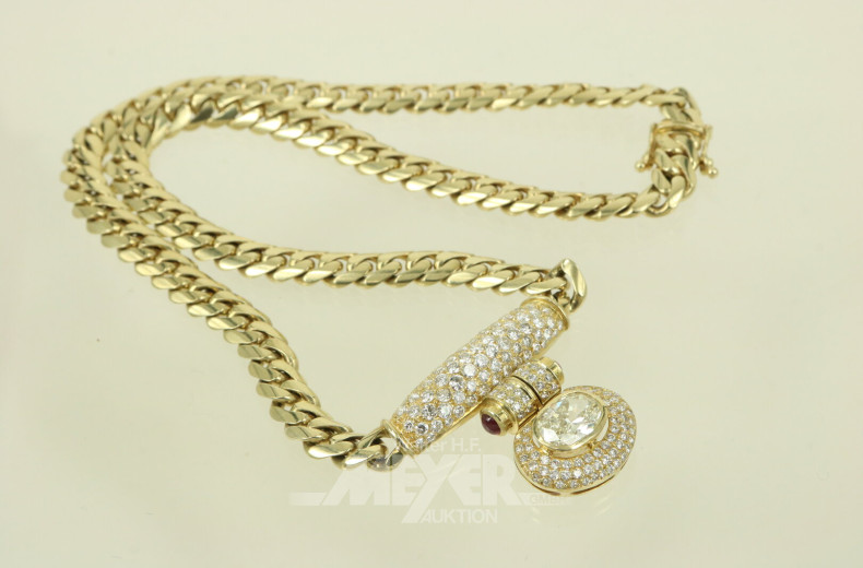 imposantes Flachpanzer-Collier, Vorderteil besetzt mit 1 Diamanten im Ovalschliff umgeben von ca. 150 kl. Besatz-Brillanten
