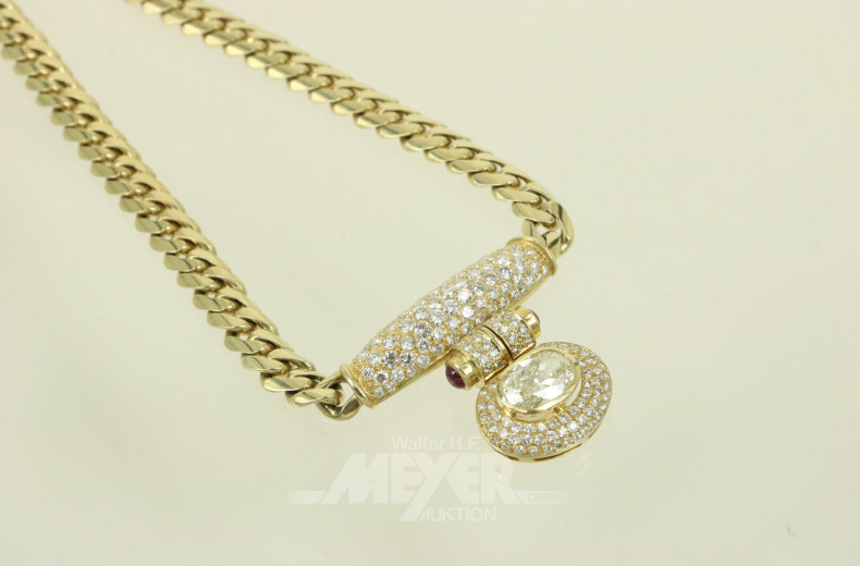imposantes Flachpanzer-Collier, Vorderteil besetzt mit 1 Diamanten im Ovalschliff umgeben von ca. 150 kl. Besatz-Brillanten