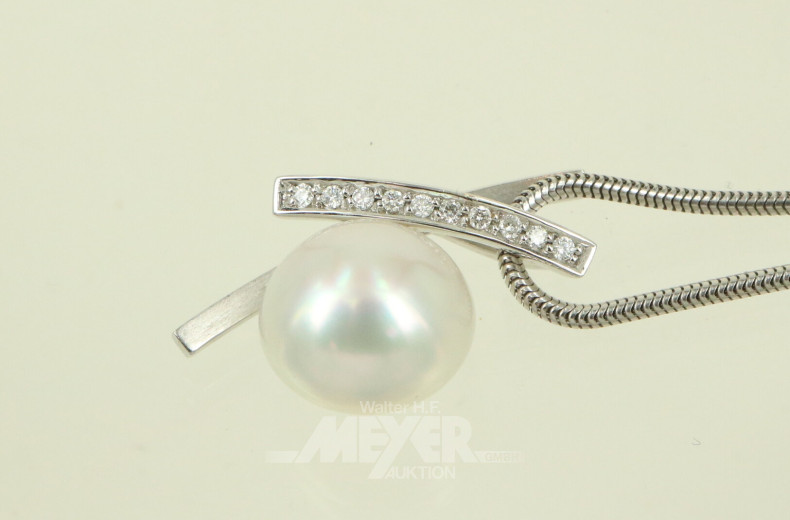 kurze Kette u. 1 Anhänger, mit Perle u. 10 kl. Brillanten