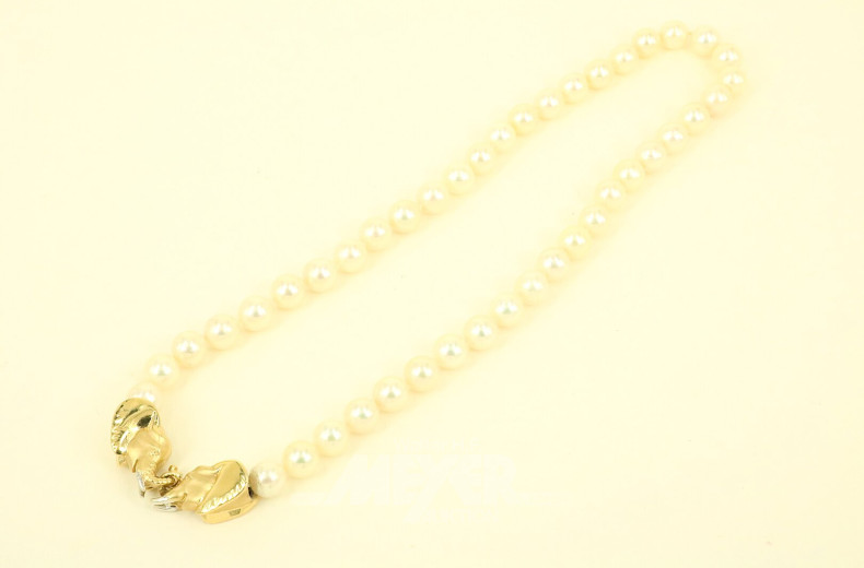 Akoya-Perlenkette mit verspielter Schliesse "Elefantenköpfe" in 750er GG