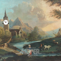 Los 221: Bilderuhr, Biedermeier, Uhr eingebettet in bäuerlicher Landschaftsszene
