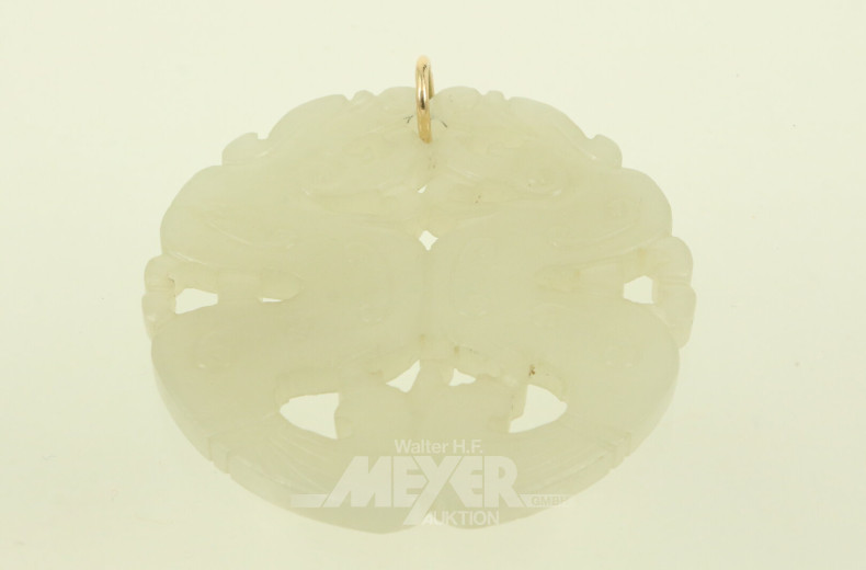 Asiatischer Anhänger 'Drachenpaar', rund, vmtl. Speckstein, Öse in 585 GG