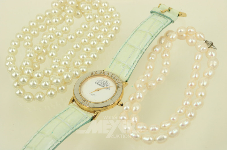 Süßwasser- und 1 Modeschmuck-Perlenkette, sowie 1 Armbanduhr 'SEA CLOUD'