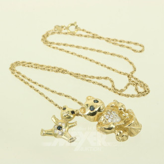 Kordel-Halskette mit 2 Anhängern 'Teddybären', besetzt mit kl. Farbsteinen u. Diamantimitationen