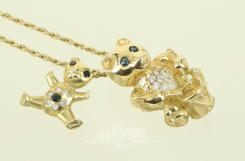 Kordel-Halskette mit 2 Anhängern 'Teddybären', besetzt mit kl. Farbsteinen u. Diamantimitationen