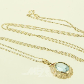 Kettchen in 585 GG, mit 1 Anhänger in 333 GG mit hellblauen Farbstein besetzt