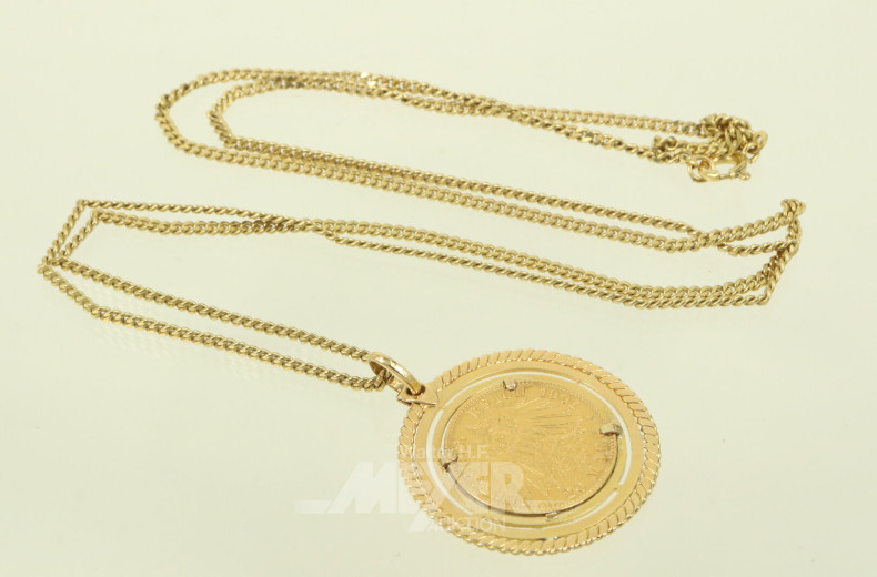 Lange Gliederkette in 333 GG, mit Münzanhänger Preußen 20 Mark 1901, Fassung in 585 GG