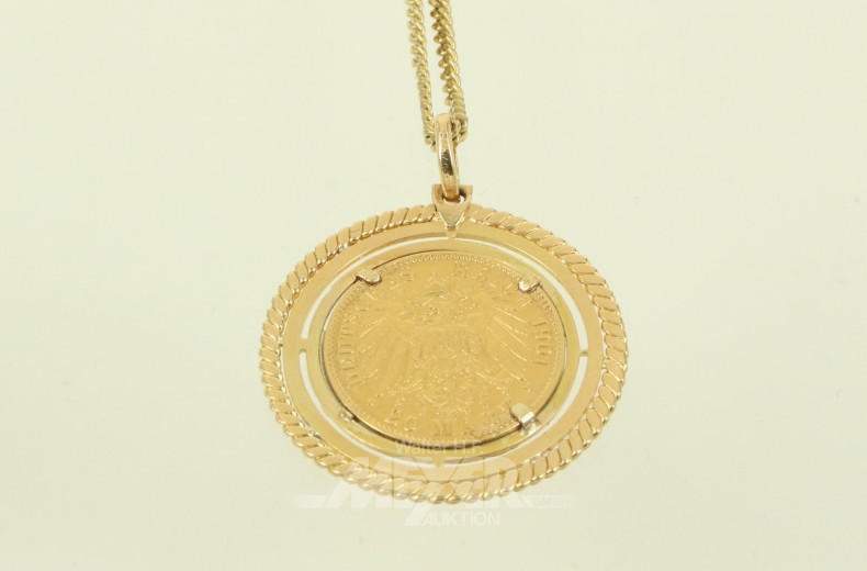 Lange Gliederkette in 333 GG, mit Münzanhänger Preußen 20 Mark 1901, Fassung in 585 GG