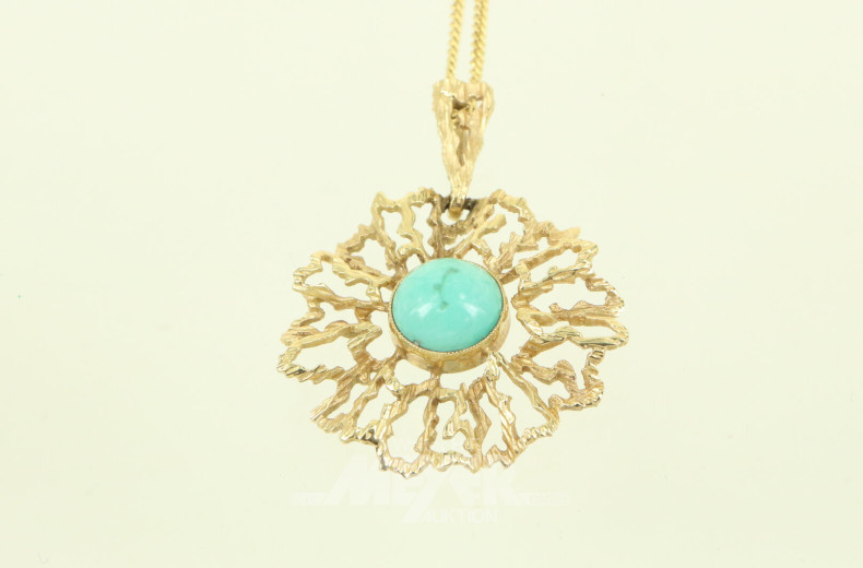 Dünne Kette in 333 GG mit Anhänger in 585 GG, besetzt mit kl. türkisfarb. Cabochon
