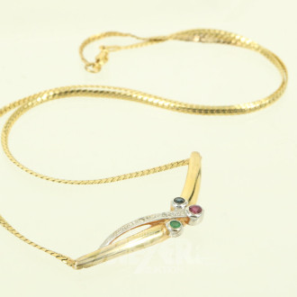 feines Collier mit 3 Farbsteinen u. 2 kl. Brillanten