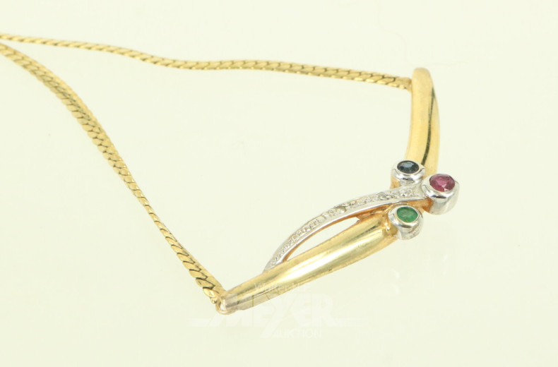 feines Collier mit 3 Farbsteinen u. 2 kl. Brillanten