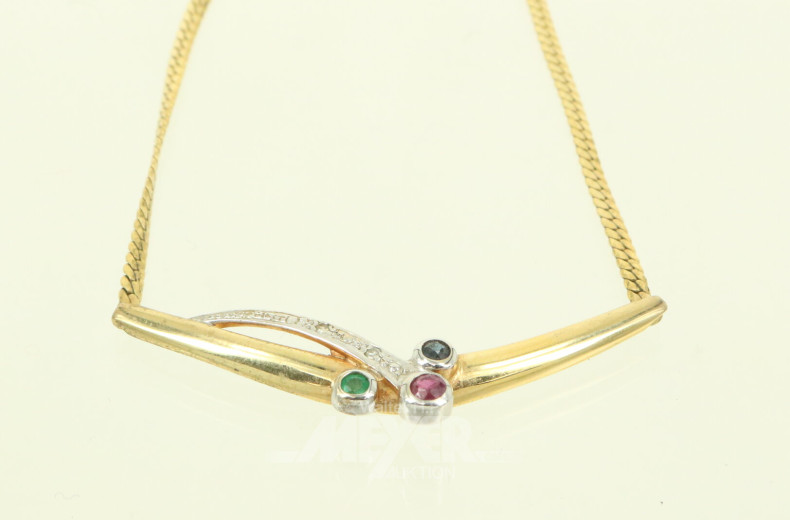 feines Collier mit 3 Farbsteinen u. 2 kl. Brillanten