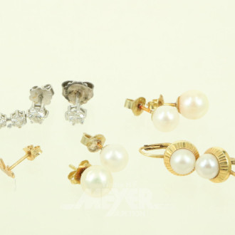 3 Paar Ohrstecker mit Perlen sowie 3 einzelne Ohrstecker mit Diamantimitationen
