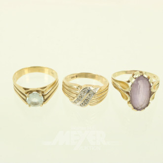 3 versch. Ringe, tlw, mit Farbsteinen besetzt