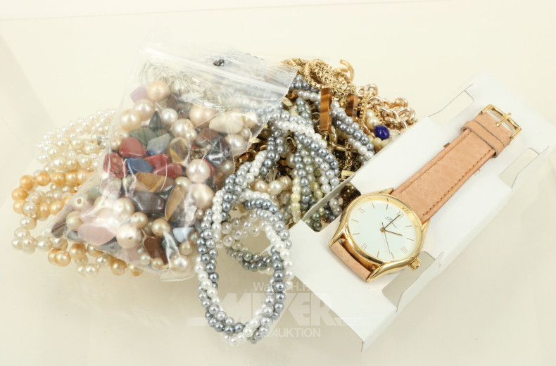 Konvolut Modeschmuck, best. aus Armbanduhr, Perlen, Ketten, Broschen, etc.