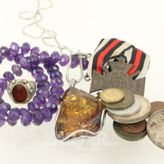 kl. Posten Silberschmuck, sowie wenige Münzen, überw. BRD u. 1 Ehrenzeichen