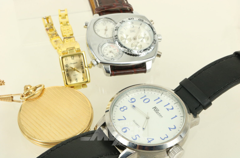 3 Armbanduhren und eine Taschenuhr mit Kette