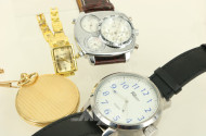 3 Armbanduhren und eine Taschenuhr mit Kette