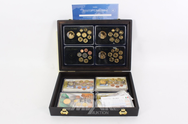 Konvolut Euro-Kursmünzensätze im Holzkoffer
