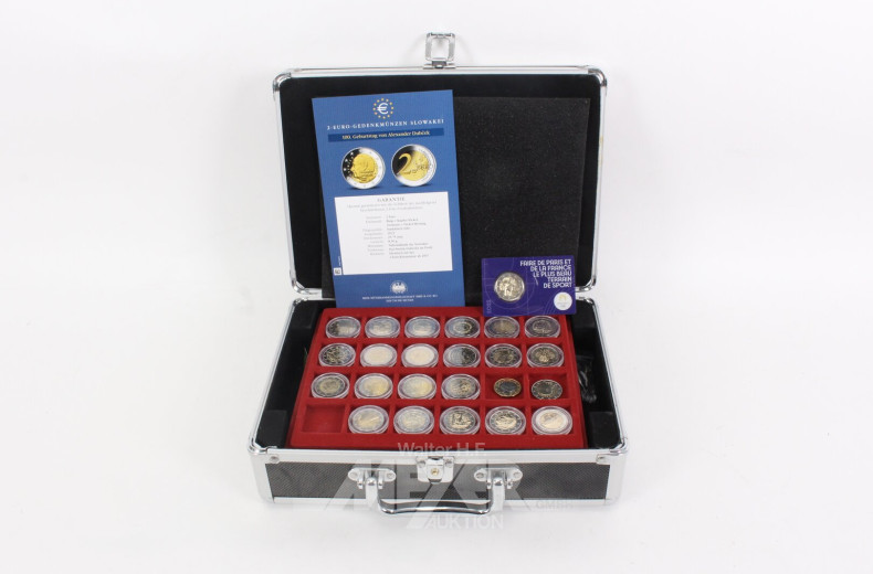 Konvolut 2-Euro-Sonderprägungen im kl. Alukoffer, u.a. Luxemburg, Malta u. Monaco