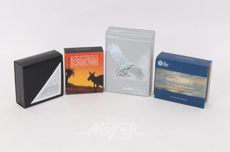 4 Silberunzen aus Australien, Südafrika und Großbritannien, versch. Jahrgänge