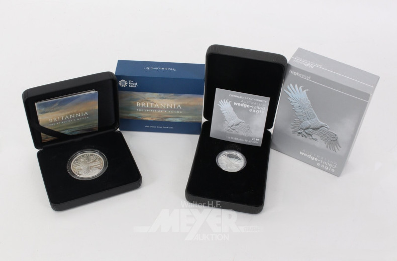 4 Silberunzen aus Australien, Südafrika und Großbritannien, versch. Jahrgänge