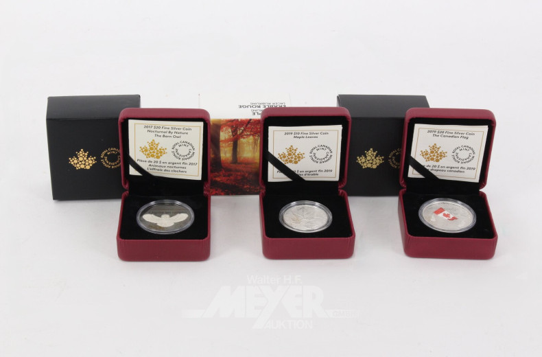 3 Kanada Sonderprägungen in Silber zu 2x 20 Dollars 2017/19 und 1x 10 Dollars 2019