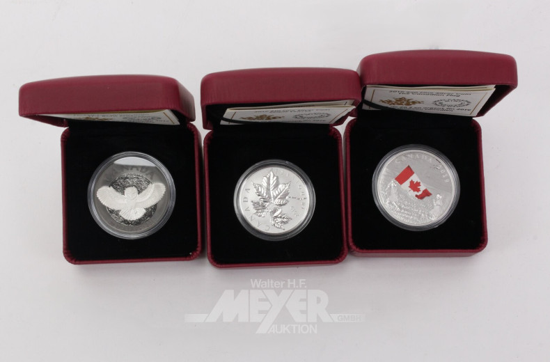 3 Kanada Sonderprägungen in Silber zu 2x 20 Dollars 2017/19 und 1x 10 Dollars 2019