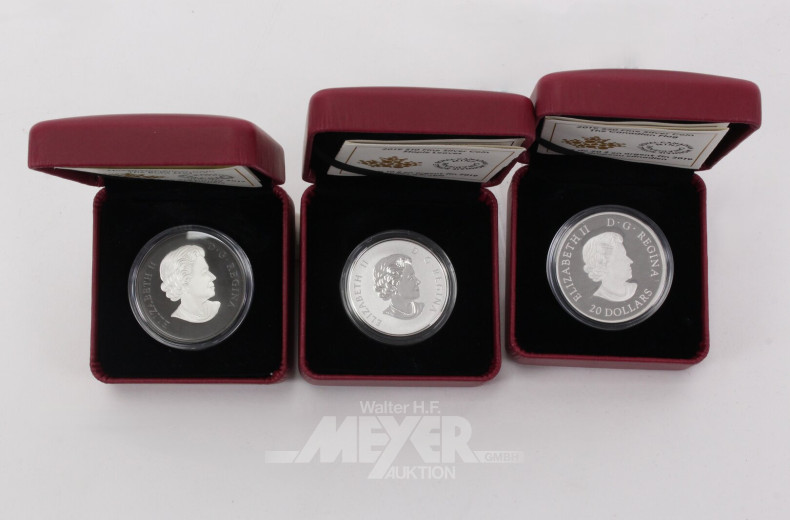 3 Kanada Sonderprägungen in Silber zu 2x 20 Dollars 2017/19 und 1x 10 Dollars 2019