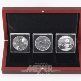 3 Silbermünzen in Stempelglanz, best. aus Kanada 5 Dollars 2017, Südafrika 1 Unze Krügerrand 2017 u. China 10 Yuan 2017