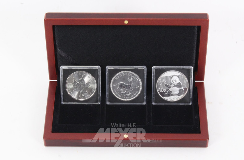 3 Silbermünzen in Stempelglanz, best. aus Kanada 5 Dollars 2017, Südafrika 1 Unze Krügerrand 2017 u. China 10 Yuan 2017