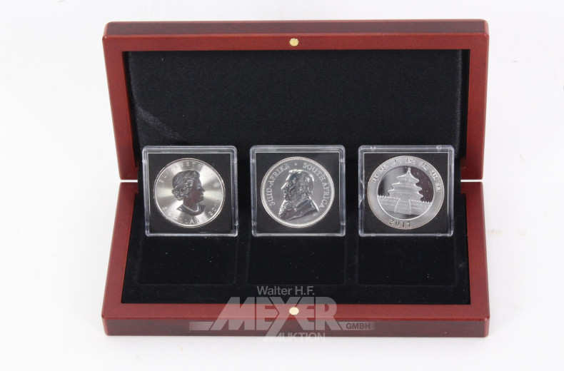 3 Silbermünzen in Stempelglanz, best. aus Kanada 5 Dollars 2017, Südafrika 1 Unze Krügerrand 2017 u. China 10 Yuan 2017