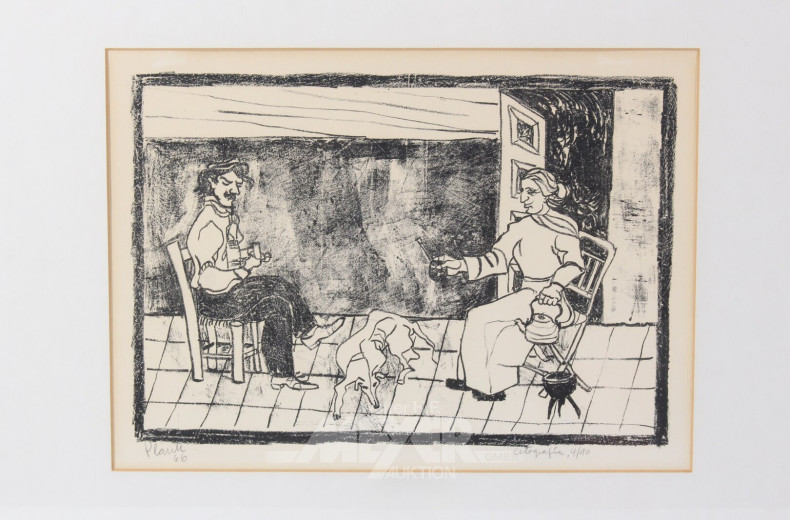 Lithografie "Beim Tee"