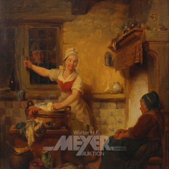 Gemälde 'zwei Wäscherinnen mit Soldat am Fenster'