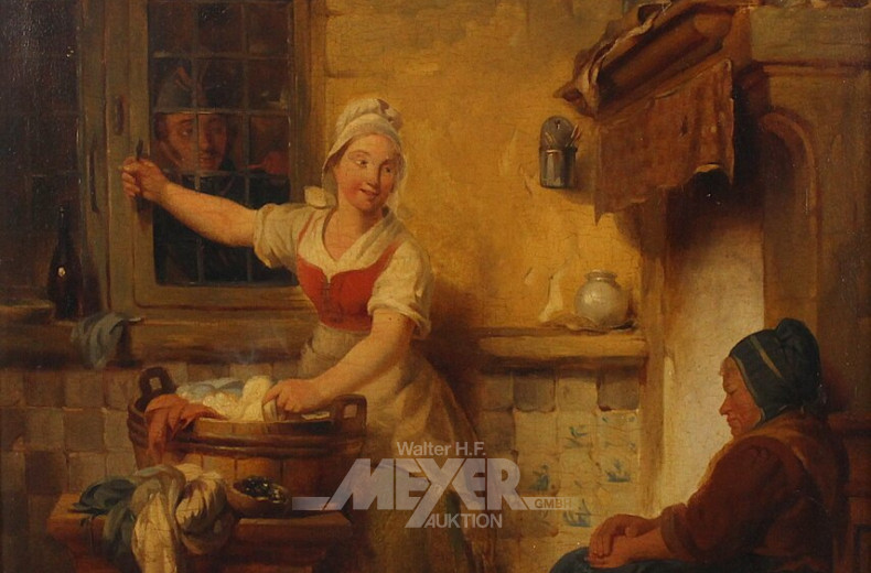 Gemälde 'zwei Wäscherinnen mit Soldat am Fenster'