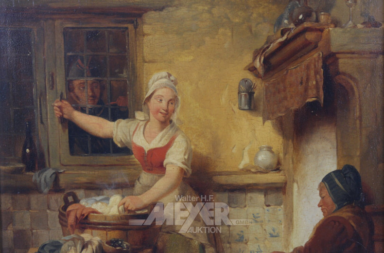 Gemälde 'zwei Wäscherinnen mit Soldat am Fenster'