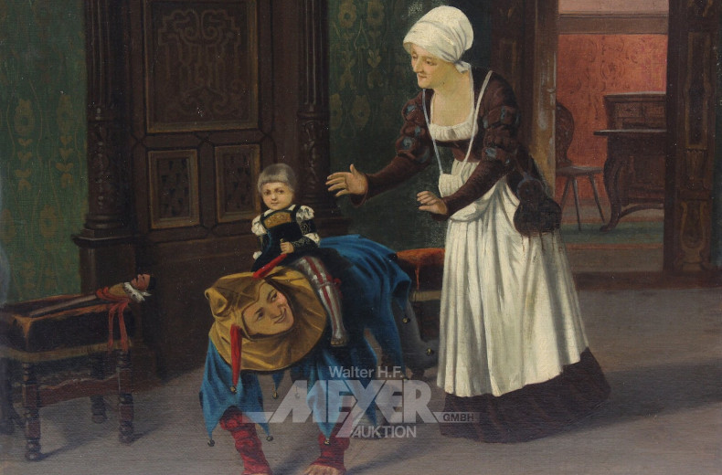 Gemälde 'spielendes Kind mit Narren und Hebamme'