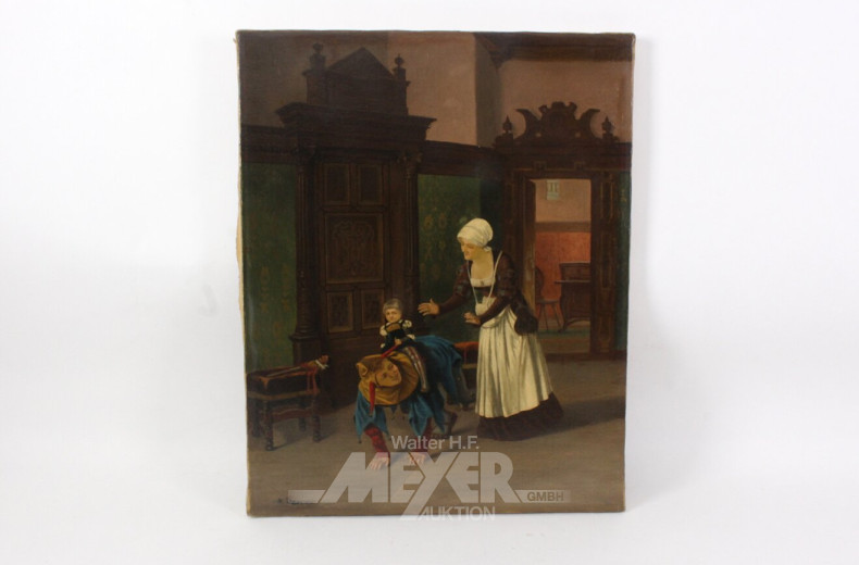 Gemälde 'spielendes Kind mit Narren und Hebamme'