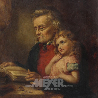 Gemälde 'lesender Vater mit Tochter im Arm'