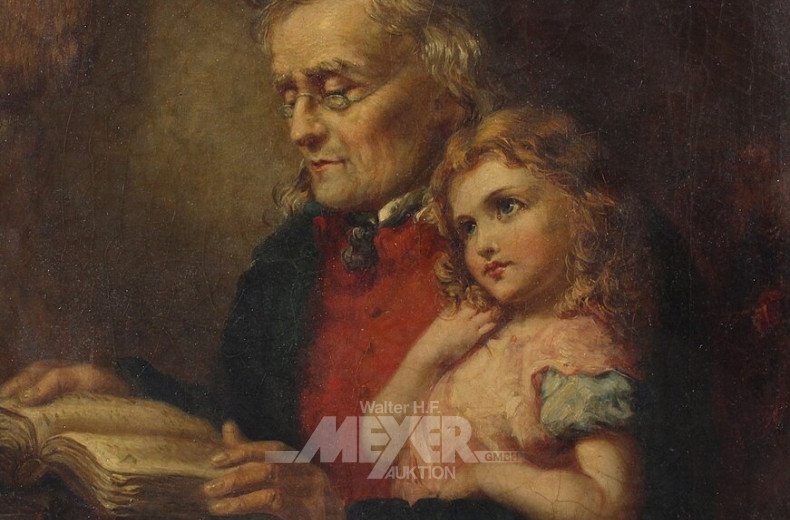 Gemälde 'lesender Vater mit Tochter im Arm'