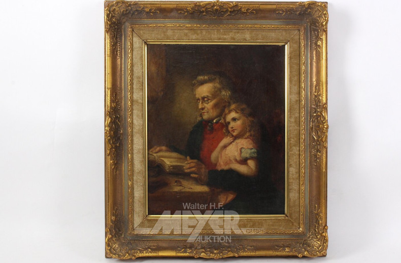 Gemälde 'lesender Vater mit Tochter im Arm'