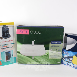 Posten Hausrat: Waschbecken, Mini-Kühlschrank, Espressomaschine, Dampfreiniger, Porz.-Schalen