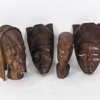 2 Afrikanische Holzbüsten sowie  2 Masken