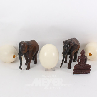 3 Straußeneier u. 3 Dekofiguren