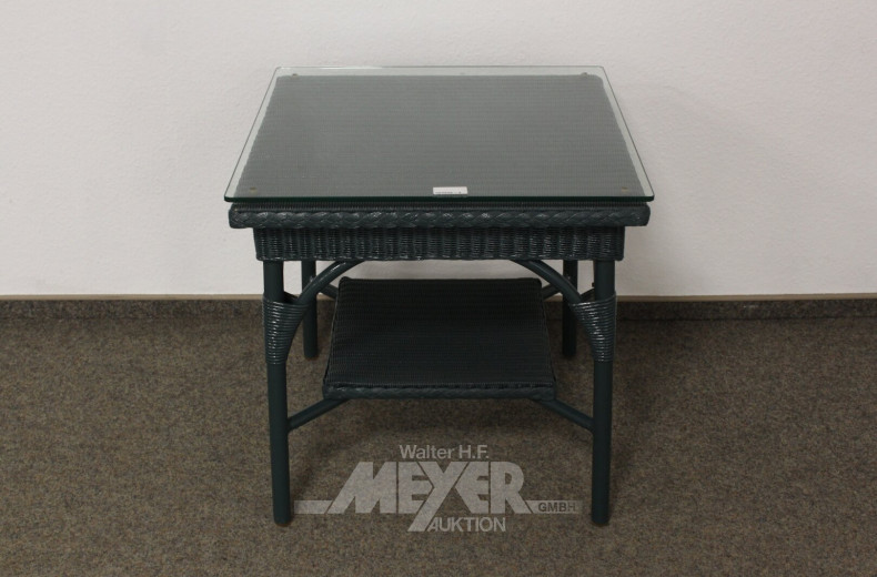 Terrassentisch, Metallgestell, Rattanoptik, grün, mit Glasplatte