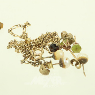 kl. Konvolut Bruchgold, best. aus Ohrstecker in 333 u. 585 GG u. 1Kette in 750 GG