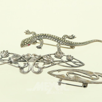 3 versch. Broschen, u.a. 'Salamander' in 800er Silber