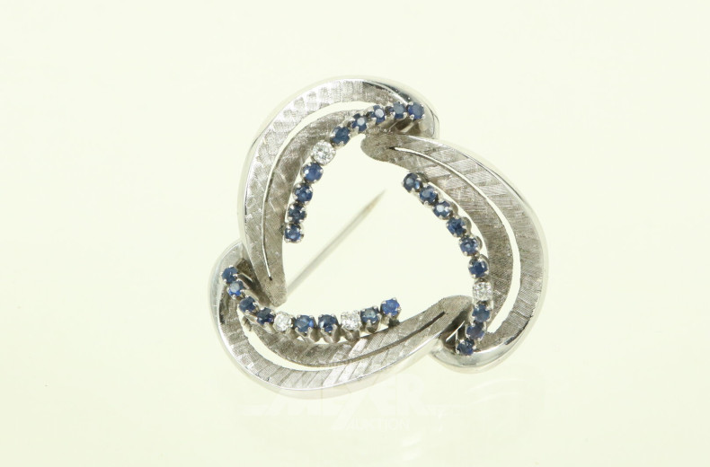 Kranzbrosche, 70er Jahre-Stil, mit kl. blauen Farbsteinen u. 4 kl. Besatz-Diamanten