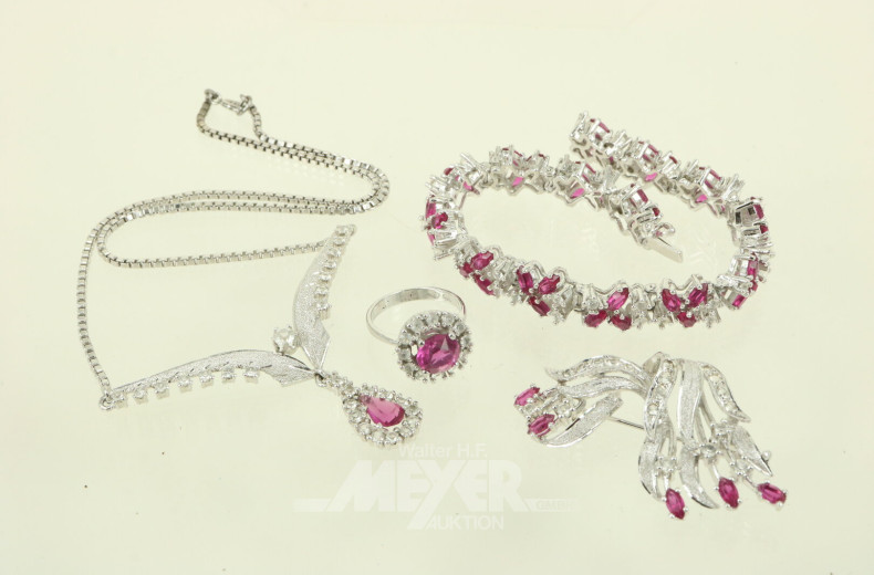 4-teiliges Schmuckset in 835er Silber mit rosafarbenem und farblosen Steinbesatz