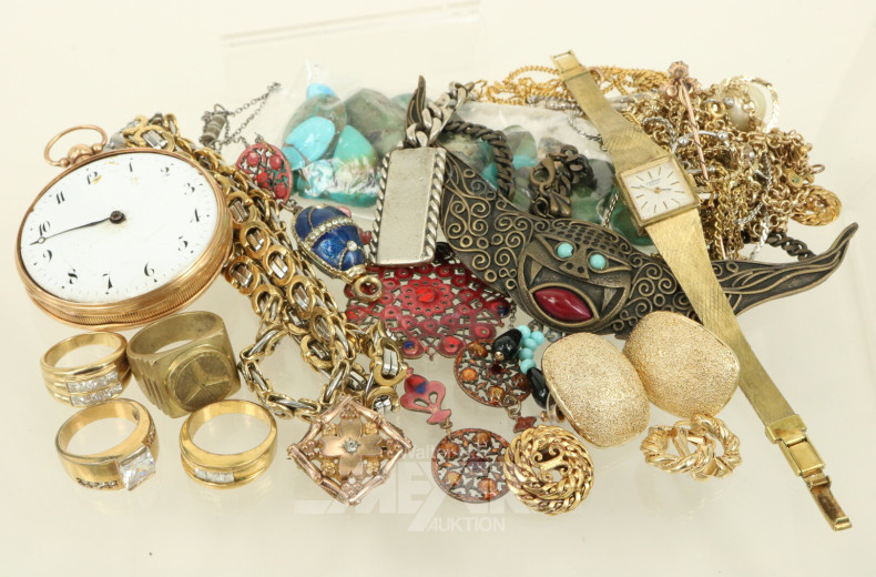 Konvolut Modeschmuck, best. aus Ketten, Ringe, Ohrstecker, 1 Armbanduhr etc.